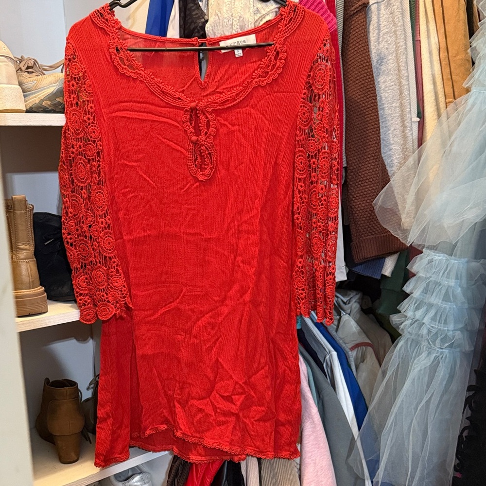 Umgee Vibrant Red Lace Sleeve Blouse